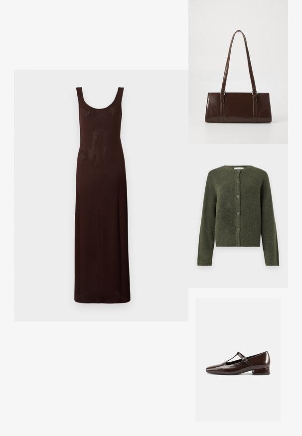 Cardigan en laine vert olive à boutons, manches longues et col rond, conçu pour les femmes.; Robe maxi marron côtelée avec un décolleté en scoop et un design sans manches, présentant une silhouette ajustée et une texture lisse.; Chaussures Mary Jane en cuir verni marron avec un bout arrondi, un design ajouré et une bride réglable. Talon bas bloc.; Sac à main en cuir verni marron de forme rectangulaire, avec deux longues poignées et des accents courbés subtils à l'avant.