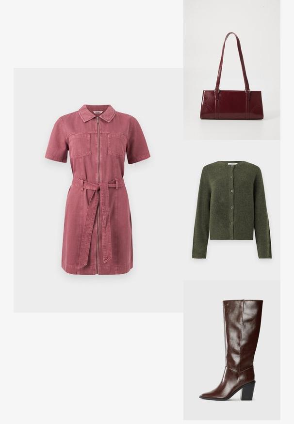 Olivengrøn uld cardigan med knapper, lange ærmer og rund halsudskæring, designet til kvinder.; Kortærmet støvet rosa denimkjole med frontlynlås, to brystlommer, krave og matchende stofbælte bundet i taljen.; Høj, mørkebrun læderstøvle med spids tå og stablet blokhæl, vist fra siden på en ensfarvet baggrund.; Bordeaux håndtaske lavet af glansfuldt materiale, rektangulær form, med to skulderremme og subtile buede detaljer på forsiden.