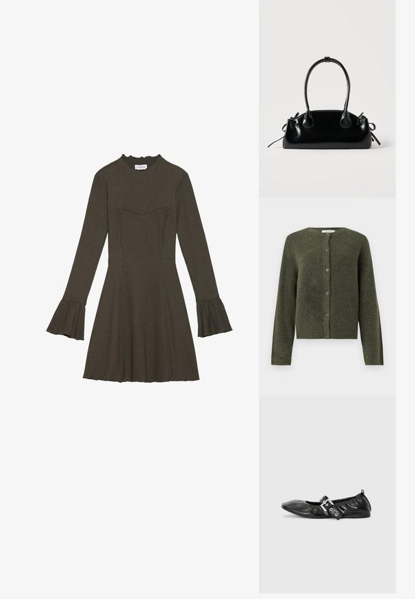 Olivgrüner, wollener Knopf-Cardigan mit langen Ärmeln und rundem Ausschnitt, für Damen entworfen.; Langärmliges, olivgrünes Kleid mit enganliegendem Oberteil, schwingenden Ärmeln und einem gerafften Ausschnitt. Strukturierten Stoff mit leicht schwingendem Rock.; Schwarze Leder-Ballerinas mit spitzem Zehenbereich, gerafften Details am Schaft und einem silbernen Schnallenakzent am verstellbaren Riemen.; Kleine schwarze glänzende Handtasche mit zwei langen Griffen und seitlichen Kordelzug-Details vor einfachem hellem Hintergrund.
