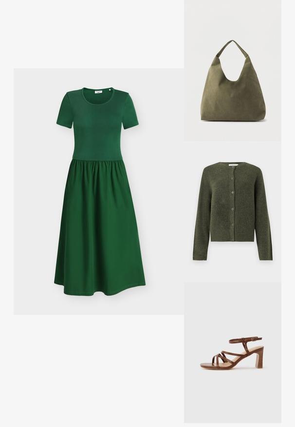 Olijfgroene wollen cardigan met knopen, lange mouwen en een ronde hals, ontworpen voor vrouwen.; Donkergroene midi-jurk met korte mouwen, aansluitend geribbeld lijfje en geplooide rok, afgebeeld op een effen lichte achtergrond.; Bruine leren sandaal met bandjes, blokhak en verstelbare enkelgesp op een effen lichte achtergrond.; Schoudertas van zacht leer in olijfgroen met een brede, enkele band en een ontspannen, ongestructureerde vorm op een lichte achtergrond.