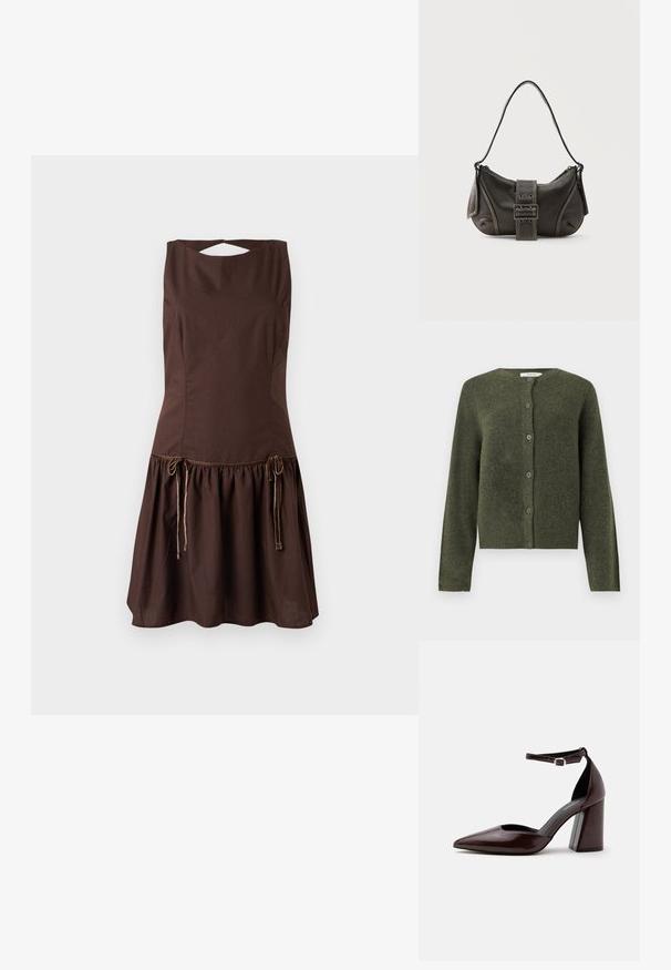 Cardigan en laine vert olive à boutons, manches longues et col rond, conçu pour les femmes.; Robe marron sans manches avec un corsage ajusté et une jupe évasée. Caractéristiques des détails à cordon à la taille et un dos ouvert.; Chaussure à talon haut en cuir marron foncé à bout pointu, avec bride à la cheville et boucle argentée sur fond blanc.; Sac à épaule en cuir noir avec une sangle à boucle, des bords arrondis et des coutures blanches contrastées sur un fond uni.