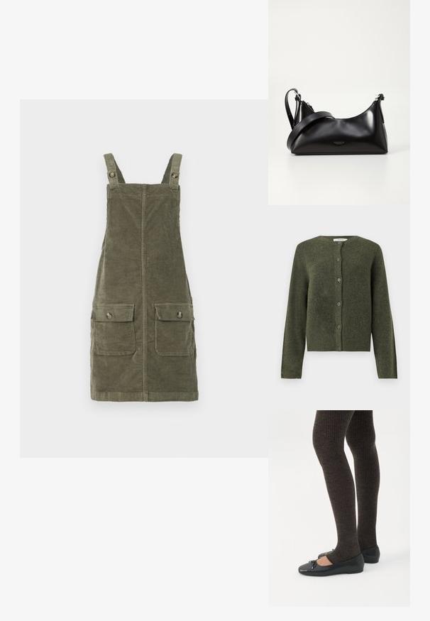Olivengrøn uld cardigan med knapper, lange ærmer og rund halsudskæring, designet til kvinder.; Olivenfarvet kordfløjs dungaree kjole med justerbare stropper, der har to forlommer og en lige snit. Tekstureret stof.; Ben iført mørke ribbede leggings kombineret med sorte balletsko med små sløjfedetaljer på hvid baggrund.; Sort læderhåndtaske med en glat tekstur. Har en justerbar stropp og et enkelt, minimalistisk design med lynlås.
