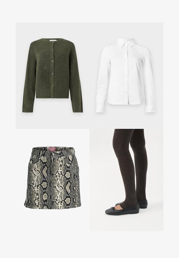 Olivengrøn uld cardigan med knapper, lange ærmer og rund halsudskæring, designet til kvinder.; Hvid skjorte med lange ærmer, knapper, spids krave, lige kant og tætsiddende silhuet, vist på en ensartet lys baggrund.; Sort, beige og hvid A-formet mininederdel i faux slangeskind med lommer foran og en knaplukning i taljen.; Ben iført mørke ribbede leggings kombineret med sorte balletsko med små sløjfedetaljer på hvid baggrund.
