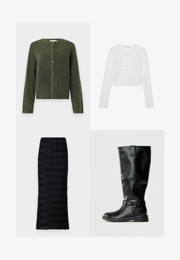 Olivengrøn uld cardigan med knapper, lange ærmer og rund halsudskæring, designet til kvinder.; Hvid langærmet crop top i ribbet tekstur, med rund hals og en dekorativ bindebånd med en bølget kant. Enkelt og tætsiddende design.; Sort, knælang nederdel med et tekstureret, plisseret design. Elastisk talje, glat stof med skiftende matte og blanke striber.; Sorte knæhøje støvler lavet af glat syntetisk materiale, med en bred skaft, en metalspændeaccent og en lav, flad sål.