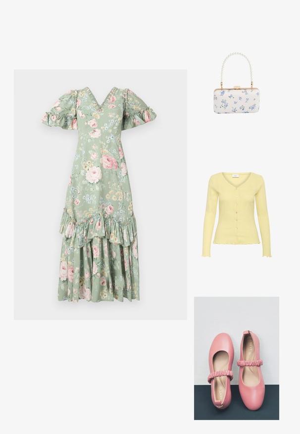 Cardigan jaune clair avec une texture côtelée, col en V, manches longues et six boutons. Présente un ourlet volanté et un motif finement détaillé.; Robe maxi florale en vert doux avec un décolleté en V, des manches bouffantes, des accents en volants et un ourlet à plusieurs niveaux. Présente des roses roses et de petites fleurs bleues.; Ballerines en cuir rose avec un bout arrondi, dotées d'une sangle froncée sur le cou-de-pied et d'une doublure intérieure lisse.; Pochette rectangulaire blanche avec motif floral bleu et anse perlée, avec garniture dorée et fermeture à clip.