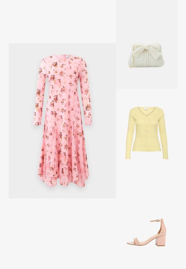 Lys gul cardigan med ribbet tekstur, V-hals, lange ærmer og seks knapper. Har en flagrende kant og fint detaljeret mønster.; Langærmet pink kjole med blomsterprint, der har rund halsudskæring og flagrende kant. Letvægtigt stof med en glat tekstur.; Bar sandal i nude laklæder med blokhæl, ankelrem og guldbeslag, åben tå og lav, chunky hæl.; Hvid plisseret clutch-taske med en fremtrædende sløjfedetalje og en guldkædetras. Blød tekstur med et samlet design på forsiden.