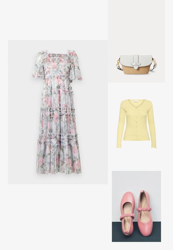 Lys gul cardigan med ribbet tekstur, V-hals, lange ærmer og seks knapper. Har en flagrende kant og fint detaljeret mønster.; Blomstret chiffon maxi-kjole med rynket liv, flæseærmer og lagdelte skørter. Farverne omfatter blid pink, grå og grønne blomsterprint.; Rosa læder ballet flade sko med en rund tå, der har en rynket rem over instep og en glat inderside.; Crossbody taske med hvidt læderklap og rem, vævet tan krop og guldbelagte beslag på en ensfarvet lys baggrund.