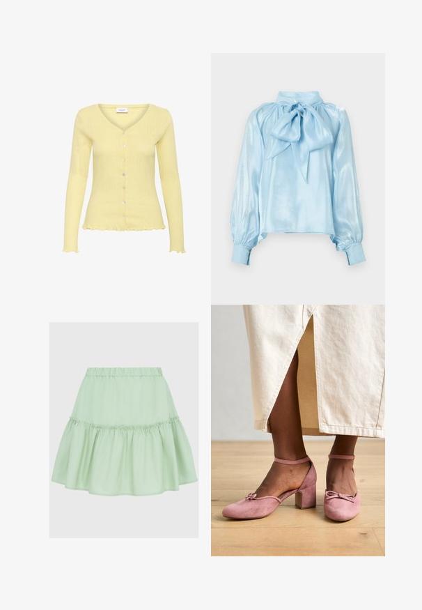 Lys gul cardigan med ribbet tekstur, V-hals, lange ærmer og seks knapper. Har en flagrende kant og fint detaljeret mønster.; Lyseblå satinv blouse med høj krave og stor sløjfedetalje ved halsen. Har pufærmede lange ærmer og tætsiddende manchetter. Glat tekstur.; Lysegrøn, lagdelt nederdel med elastisk talje og en blød, glat tekstur. Designet inkluderer en flæse i kanten.; Lyserøde ruskinds-sko med blokhæle og rund tå, der har en dekorativ sløjfe foran og en ankelstrop. Båret med en let nederdel.