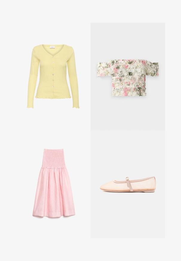 Lys gul cardigan med ribbet tekstur, V-hals, lange ærmer og seks knapper. Har en flagrende kant og fint detaljeret mønster.; Blomsterbluse med bare skulder i hvid med rosa og grønne flæser. Har slightly elastisk stof for et tætsiddende look.; Lyserød midi-nederdel med struktureret stof, smocket høj talje og opsamlet vidde nederst.; Lys beige flad sko med spidst tåparti og en enkelt rem med spænde på siden, vist på en ensfarvet hvid baggrund.