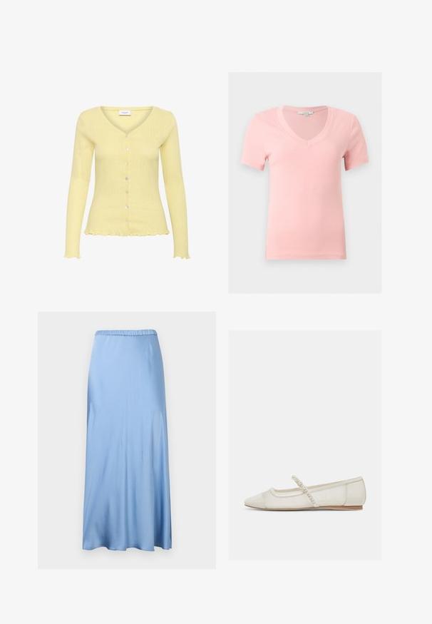 Lys gul cardigan med ribbet tekstur, V-hals, lange ærmer og seks knapper. Har en flagrende kant og fint detaljeret mønster.; Blød lyserød ribstrikket top med korte ærmer og V-udskæring, vist fladt på en neutral baggrund.; Lys blå satin midi nederdel med elastisk taljebånd, der har en glat tekstur og en let A-formet silhuet. Ingen synlige mønstre eller accenter.; Off-white flad sko med spids tå, perlebesat rem og lav træhæl, sidevisning på lys baggrund.