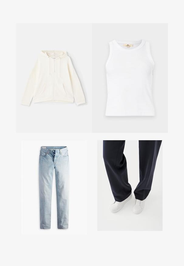 Sweat à capuche crème avec fermeture éclaire, cordon de serrage, poches avant, manches larges et poignets côtelés. Fabriqué en tissu doux et texturé.; Crop top blanc côtelé sans manches avec encolure ronde et étiquette de marque beige visible à l'intérieur du col.; Jean en denim bleu clair avec une coupe droite, cinq poches et des fermetures à boutons métalliques sur une ceinture standard.; Baskets blanches avec semelles en caoutchouc texturées et lacets plats, associées à un pantalon bleu marine foncé affichant un tissu fluide et ample et une coupe ajustée.