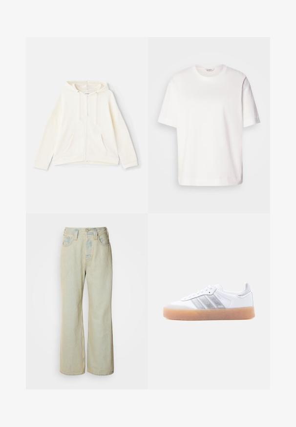 Sweat à capuche crème avec fermeture éclaire, cordon de serrage, poches avant, manches larges et poignets côtelés. Fabriqué en tissu doux et texturé.; T-shirt en coton blanc avec des manches courtes, un col rond, une coupe décontractée et une texture lisse ; sans motifs ni éléments matériels visibles.; Jean large bleu clair en denim, avec une taille haute, cinq poches, et un léger délavage avec des accents de couture contrastante.; Baskets basses blanches avec semelle gomme, accents argentés rayés sur le côté, et fermeture à lacets, présentées sur un fond clair uni.