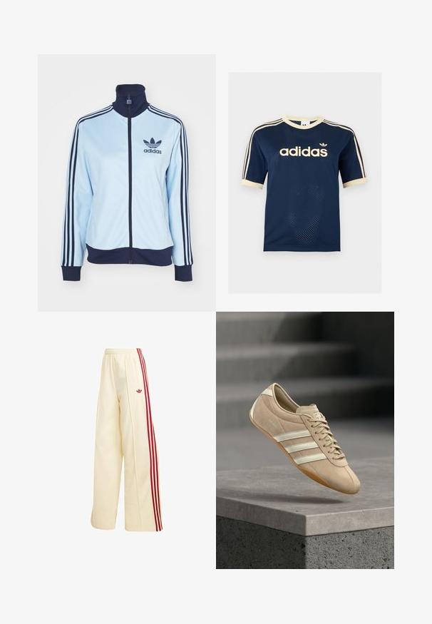 Lyseblå atletisk jakke med navy krave og manchetter, der har tre navy striber på ærmerne og et Adidas-logo. Lynlås lukning, glat materiale.; Adidas mørkeblå mesh t-shirt med korte ærmer med cremefarvet kant, tre cremefarvede striber på ærmerne og Adidas-logo på brystet.; Kremfarvede vidde træningsbukser med røde sidelommer, elastisk talje, lynlåslomme og rødt Adidas-logo på låret.; Lysebeige sneaker med tre hvide vandrette striber, overdel i ruskind og en gummisål, med en logo på siden.