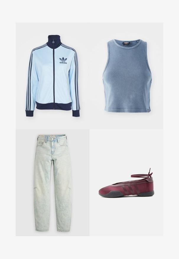 Svetlomodrá športová bunda s námorníckou golierom a manžetami, s tromi námorníckymi pruhmi na rukávoch a logom Adidas. Zipsový uzáver, hladká tkanina.; Svetlomodrý rebrovaný crop top s okrúhlym výstrihom a bezrukávovým dizajnom. Hladká textúra a malé logo na leme.; Svetlomodré rifle z opotrebovaného denimu s voľným strihom, obsahujúce päť vreciek, zapínanie na gombíky a vyblednutú, mierne textúrovanú tkaninu po celom diele.; Burgundské balerínky s čiernou podrážkou, elastickými remienkami na členku zviazanými do mašle a prešívanými detailmi na bokoch, zobrazené z vonkajšej strany.