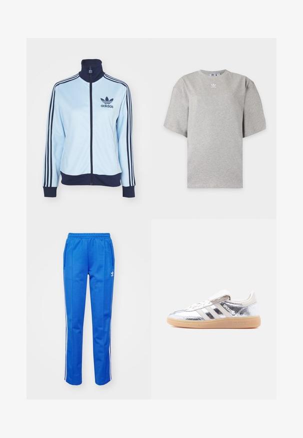 Svetlomodrá športová bunda s námorníckou golierom a manžetami, s tromi námorníckymi pruhmi na rukávoch a logom Adidas. Zipsový uzáver, hladká tkanina.; Svetlosivé tričko Adidas s krátkym rukávom, okrúhlym výstrihom a malým bielym logom Adidas na hrudi, zobrazené na jednoduchom pozadí.; Modré teplákové nohavice z jemnej látky, s elastickým pásom, bočnými vreckami a bielymi pruhmi pozdĺž strán.; Strieborný lesklý teniska Adidas Spezial s bielymi pruhmi a gumovou podrážkou, zobrazená z ľavej strany na bielom pozadí.