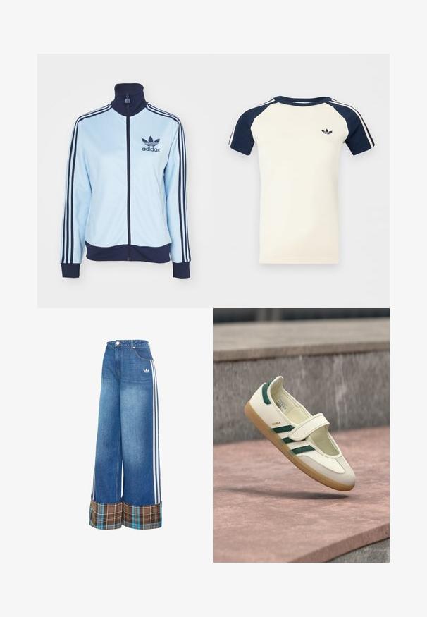 Lyseblå atletisk jakke med navy krave og manchetter, der har tre navy striber på ærmerne og et Adidas-logo. Lynlås lukning, glat materiale.; Kortærmet cremefarvet skjorte med marineblå raglanærmer, hvide striber på ærmerne og et lille sort Adidas-logo på brystet.; Vidbenede denimbukser i lyseblå med hvide sidestriber og en brun ternet manchet. Fremstillet af et blødt, tekstureret stof.; Hvid lædersko med grønne striber, rund tå, fastgjort med en rem. Gummisål, minimalistisk design, hævet syning langs de øvre kanter.