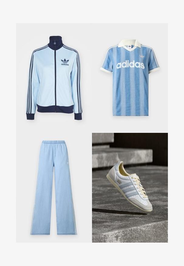 Lyseblå atletisk jakke med navy krave og manchetter, der har tre navy striber på ærmerne og et Adidas-logo. Lynlås lukning, glat materiale.; Lyseblå polo med korte ærmer og lodrette striber, hvide detaljer og en fremtrædende hvid "adidas"-logo på forsiden.; Lyseblå vidde bukser med elastisk talje og diskret hvid Adidas-logo på venstre side.; Hvid og lyseblå sneaker med perforeringer, beige snørebånd og tekstureret gummisål. Har tre striber og guldbranding.