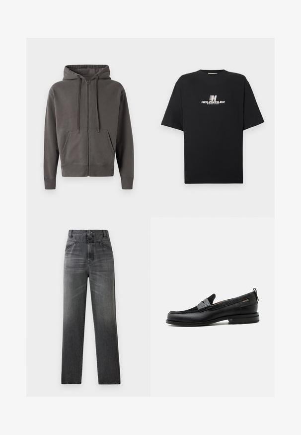 Haut à zipper gris avec capuche à cordon, poches kangourou, et poignets et ourlet côtelés. Matériau doux avec une texture lisse.; T-shirt en coton noir avec un col rond et des manches courtes. Présente un logo imprimé blanc avec l'inscription "HOLZWEILER WINTERSPORT" à l'avant.; Jeans en denim gris foncé présentant une taille haute, une coupe droite, et une texture délavée avec poches avant et fermeture à un bouton.; Mocassin en cuir noir avec détail de bride grise, talon bas et semelle texturée, marqué "HUGO" en or sur le côté.