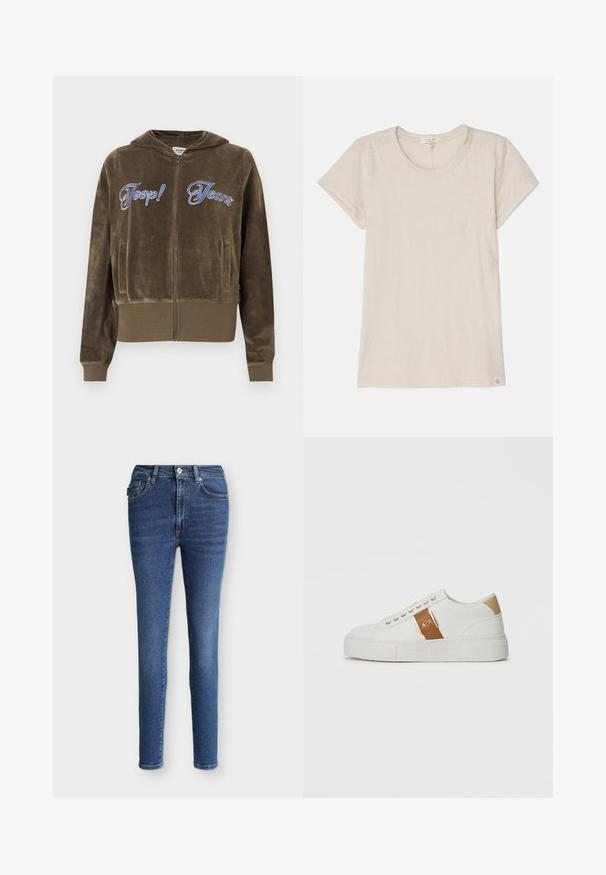 Ruskea velourvetoketjuhuppari, jossa etutaskut, resorit hihansuissa ja helmassa sekä rinnan kohdalla sininen kirjailtu "Joop! Jeans" -teksti.; Vaaleanbeige lyhythihainen t-paita, joka on valmistettu pehmeästä kankaasta. Paidassa on pyöreä pääntie ja pieni logotagi vasemmassa alareunassa.; Slim-fit -malliset siniset denim-farkut, joissa viisi taskua ja nappi- ja vetoketjusuljenta, yksiväristä vaaleaa taustaa vasten.; Valkoiset matala-tippuiset tennarit beiget kantapääkohdat, ruskea nahkavyö kultaisella soljella ja A|X-brändäyksellä, sekä kohokuvioitu Armani Exchange -pohja.