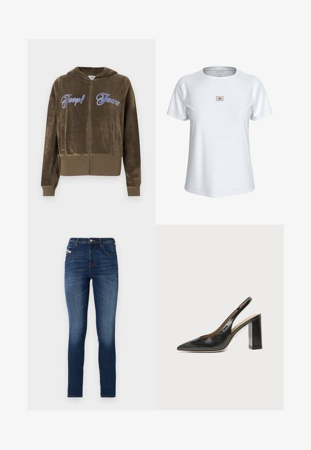 Pull à capuche en velours brun avec fermeture éclair, poches avant, poignets et ourlet côtelés, et texte brodé bleu "Joop! Jeans" sur la poitrine.; T-shirt blanc à manches courtes col rond avec un petit écusson rectangulaire du logo Calvin Klein Jeans centré sur la poitrine.; Jeans skinny en denim bleu foncé avec un léger délavage. Dotés d'un design classique à cinq poches et d'une fermeture à bouton en métal.; Chaussure slingback en cuir noir à bout pointu avec un talon bloc haut et une doublure intérieure beige sur un fond clair uni.