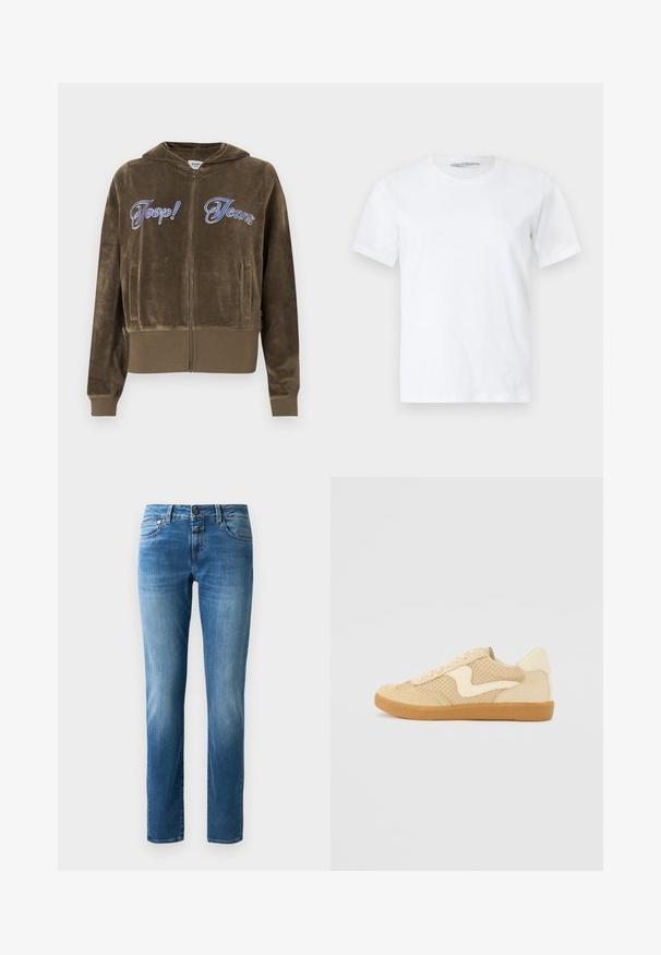 Sudadera con capucha marrón de velour con cremallera, bolsillos delanteros, puños y bajo acanalados, y texto bordado azul "Joop! Jeans" en el pecho.; Camiseta blanca lisa de manga corta y cuello redondo, colocada plana sobre un fondo claro, mostrando la vista frontal con una pequeña etiqueta de marca visible dentro del cuello.; Jeans de mezclilla azul con un diseño de pierna recta, que cuentan con un cierre de botón, cinco bolsillos y un desgastado sutil. Textura suave con costuras naranjas.; Zapatillas beige con materiales de ante y malla, forma redondeada, cuello acolchado prominente y suela de goma. Presenta un diseño en forma de ola como acento.