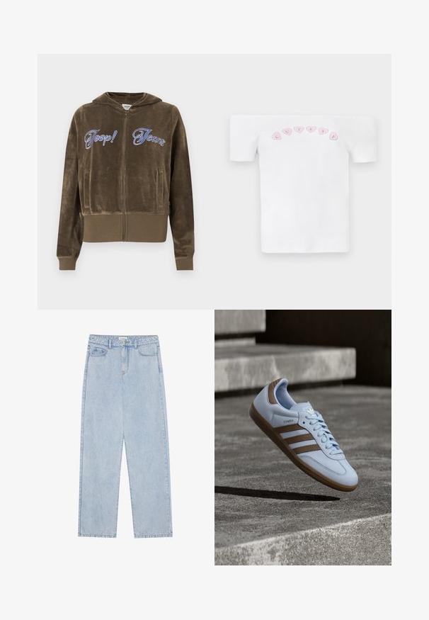 Ruskea velourvetoketjuhuppari, jossa etutaskut, resorit hihansuissa ja helmassa sekä rinnan kohdalla sininen kirjailtu "Joop! Jeans" -teksti.; Valkoinen olkapäiltä avattu t-paita, joka on tehty puuvillasta. Paidassa on vaaleanpunainen sydänkuvio ja rinnan kohdalla leikillinen teksti "CUTIES".; Vaaleansiniset, korkeavyötäröiset farkut suoranlahkeisella leikkauksella, viidellä taskulla ja näkyvillä saumoilla. Materiaalilla on klassinen pesutekstuuri.; Vaaleansininen tennari, jossa ruskeat mokkanahkaiset yksityiskohdat, kolme sivuttaista raitaa, litteät nauhat ja kuvioitu kumiulkopohja. Merkki-logo kielen päällä.