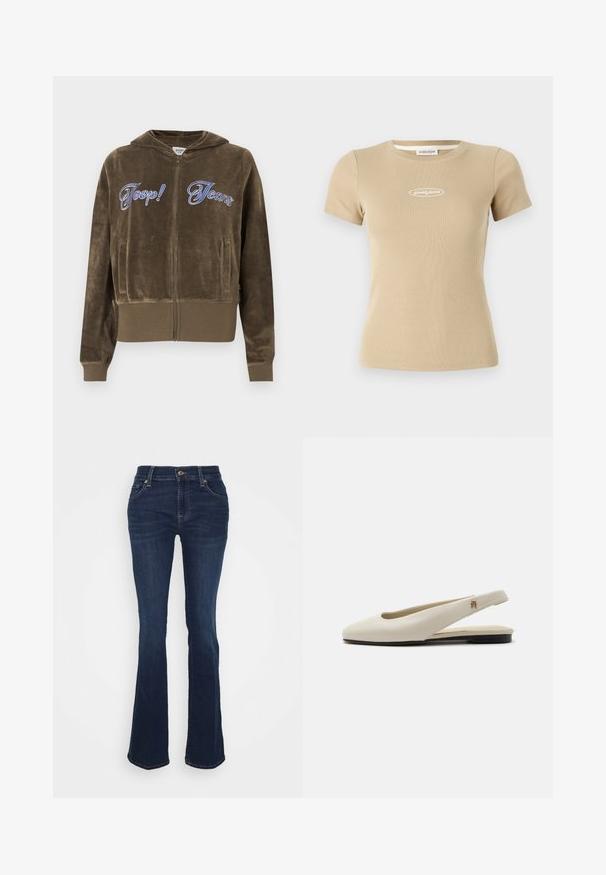 Pruun veluurist lukuga dressipluus esitaskute, soonikkoes varrukate ja äärega ning sinise tikkitud "Joop! Jeans" tekstiga rinnal.; Beige soonikee lühikeste varrukatega T-särk ümmarguse kaelusega ja esiküljel valge "guess jeans" logo. Pehme kangastekstuur.; Tumedate sinised laiad teksad, mis on valmistatud denimist; kõrge vöökoht, viis taskut, kuldsed detailid ja sile tekstuur koos õrnade pleekimisega reite piirkonnas.; Kreemikas nahast slingback-tasapinnaline king, millel on ümar ninaosa ja väike kuldne embleem rihmal.