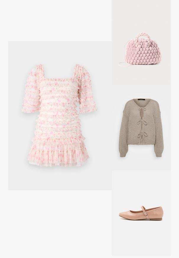 Beige strikket cardigan med V-udskæring, der har frontbindinger, lange ærmer og ribbede manchetter. Blød tekstur og hyggeligt design.; Rynket kjole med firkantet halsudskæring og puffede ærmer, lavet af gennemsigtigt stof med lyserøde blomster mønstre og lagdelte flæser i kanten.; Call it Spring JANEYY - Ballerinasko m/ rem - other beige; Lyserød pom-pom tekstureret håndtaske med et flet håndtag og en tynd rem. Rund form, blød overflade, kompakt design.
