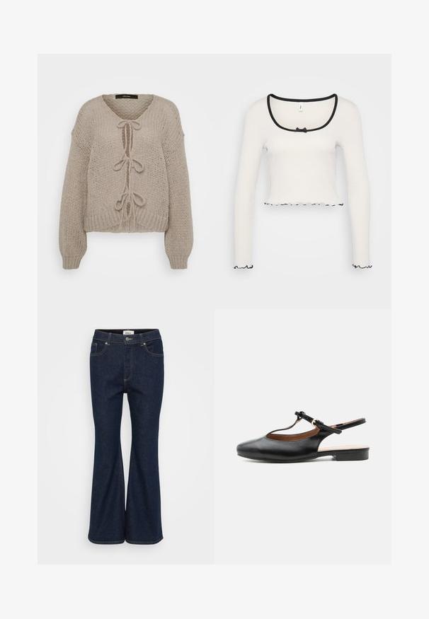 Beige strikket cardigan med V-udskæring, der har frontbindinger, lange ærmer og ribbede manchetter. Blød tekstur og hyggeligt design.; Hvid langærmet crop top med en bred sortkantet rund halsudskæring, en center bånd detalje, og flæser i sort ved ærmerne og kanten.; Mørkeblå flagrende jeans lavet af denim, med et klassisk fem-lomme design, kontrastsyning og en bronze knaplukning.; Sort læder flad slingback-sko med T-rem og guldlås på neutral baggrund.