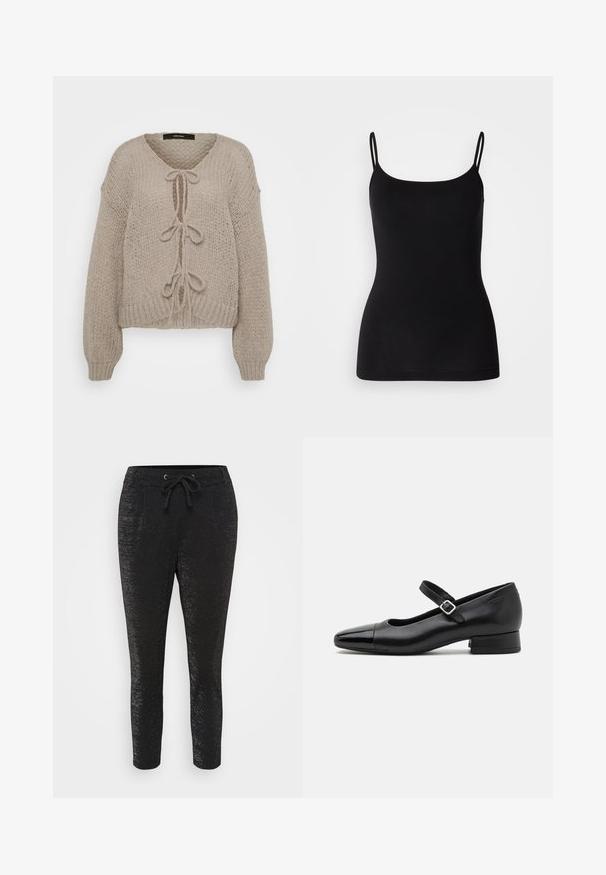Beige strikket cardigan med V-udskæring, der har frontbindinger, lange ærmer og ribbede manchetter. Blød tekstur og hyggeligt design.; Sort camisole-top med tynde justerbare stropper, glat elastisk stof og en tæt silhuet. Ingen mønstre eller pynt.; Sorte bukser med en skinnende tekstur, der har en snøre i taljen, to frontlommer og indsnørede ben for et tætsiddende udseende.; Sorte læder Mary Jane-sko med en patenttå, justerbar ankelrem og lav blokhæl. Glat tekstur og strømlinet design.