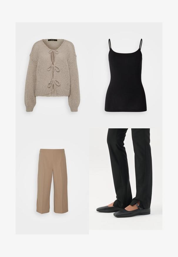Beige strikket cardigan med V-udskæring, der har frontbindinger, lange ærmer og ribbede manchetter. Blød tekstur og hyggeligt design.; Sort camisole-top med tynde justerbare stropper, glat elastisk stof og en tæt silhuet. Ingen mønstre eller pynt.; Vero Moda Petite VMSARA STRAIGHT - Bukser - silver mink; Ben iført sorte smalle bukser med forreste slidser ved kanten, parret med sorte flade Mary Jane-sko med lille spænde.