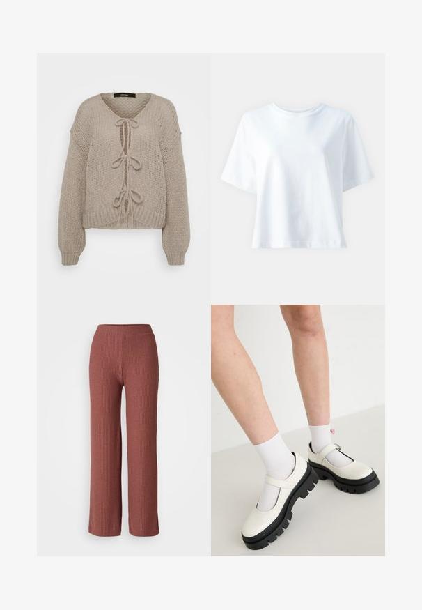 Beige strikket cardigan med V-udskæring, der har frontbindinger, lange ærmer og ribbede manchetter. Blød tekstur og hyggeligt design.; Hvid bomulds t-shirt med rund hals, korte ærmer, afslappet pasform og glat tekstur. Ingen mønstre eller detaljer synlige.; Ribbed viddebenede bukser i en støvet rosa farve med elastisk talje, der har en blød tekstur og lige silhuet.; Hvide patentlæder Mary Jane-sko med en kraftig sort sål, der har en rem over vristen og bæres med hvide sokker.
