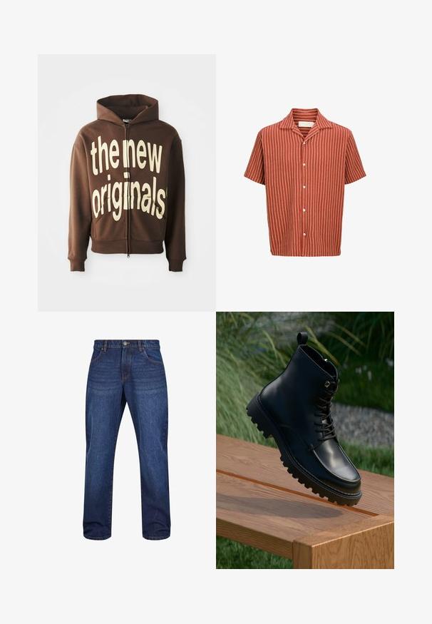 Hnedá mikina na zips s veľkým krémovým textom "the new originals" na prednej strane, so šnúrkou na kapucňu a bočnými vreckami.; Košeľa s krátkym rukávom v farbe hrdzavá oranžová s bielymi vertikálnymi pruhmi a kampovou golierom, vyrobená z texturovanej látky.; Tmavomodré riflové nohavice so strihať priamo, s prednými vreckami, gombíkovým zapínaním a jemným zesvetlením na látke.; Čierne kožené členkové topánky s hladkým povrchom, šnurovaním vpredu, hrubou ryhovanou podrážkou a pútkom. Položené na drevenej ploche.