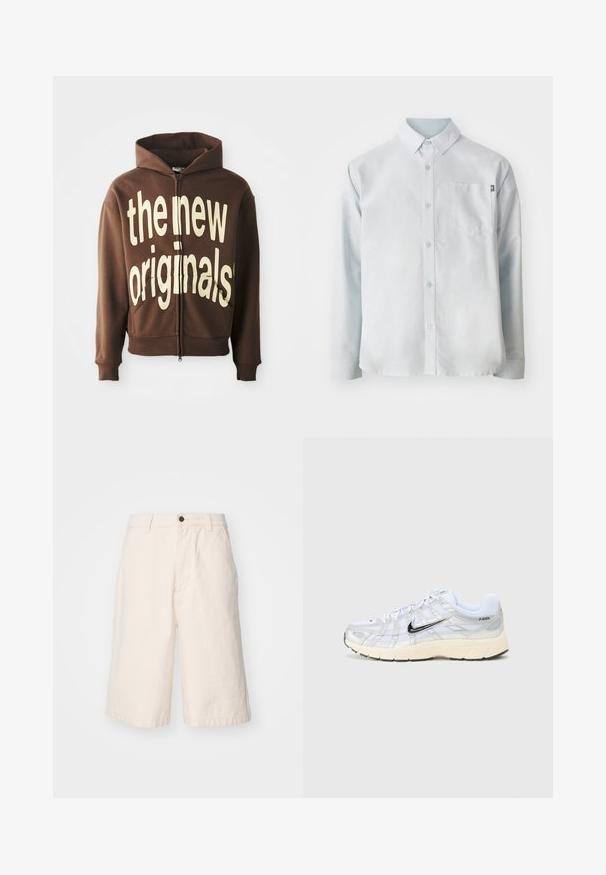 Ruskea vetoketjullinen huppari, jossa on suuri kermaisen värinen graafinen teksti "the new originals" etupuolella. Hupparissa on naruilla säädettävä huppu ja sivutaskut.; New Balance OXFORD - Vapaa-ajan kauluspaita - blue; Vaaleanbeiget puuvillahousut suoran leikkauksen kanssa, joissa on nappisulku, sivutaskut ja helma, joka ulottuu juuri polven ylle.; Valkoiset verkkonauhat, joissa on hopeiset yksityiskohdat, musta Nike-logo, pehmustettu nilkkapanta ja texturoitu pohja. Kestävyys tarjoava kerrosrakenteinen muotoilu.