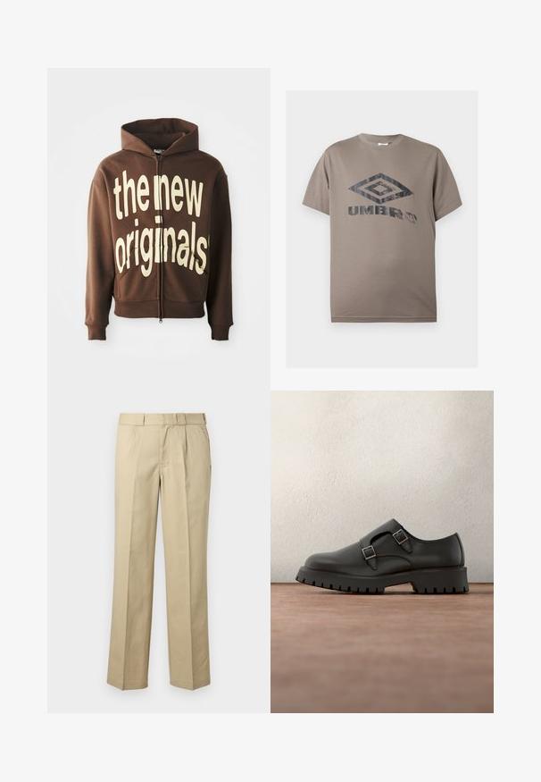 Brun zip-hoodie med stor cremefarvet grafisk tekst "the new originals" på fronten, med en hætte med snore og sidelommer.; Taupe kortærmet T-shirt med rund hals og et slidt sort Umbro-logo centreret på brystet mod en ensfarvet hvid baggrund.; Beige bukser med lige ben, bæltestropper, forreste læg og sidelommer på en ensfarvet baggrund.; Sort lædersko med dobbelte spænderemme, rundet tå og tekstureret, tyk gummisål. Minimalistisk design med kontrasterende blåt indre.