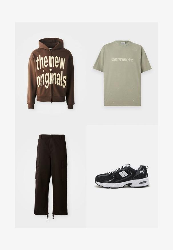 Brun zip-hoodie med stor cremefarvet grafisk tekst "the new originals" på fronten, med en hætte med snore og sidelommer.; Kortærmet t-shirt i olivengrøn med falmet "Carhartt"-logo centreret på brystet og små hvide malingstænk spredt ud over stoffet.; Sorte cargo-bukser med en afslappet pasform, der har to sidelommer, en knaplukning og justerbare snore i kanten.; Sorte og grå sportssko med mesh og ruskind på overdelen, der har en hvid mellemsål, snørebånd og et iøjnefaldende "N" logo på siden.