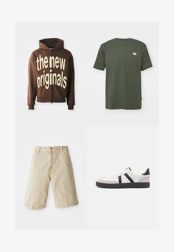 Sweat à capuche zippé marron avec un grand texte graphique crème "the new originals" sur le devant, doté d'une capuche avec cordon et de poches latérales.; T-shirt en coton vert olive avec un col rond, des manches courtes et un petit logo coloré sur la poitrine. Texture lisse, design décontracté.; Shorts en denim beige avec une coupe droite, cinq poches, fermeture à bouton et zip à l'avant, et un léger délavage sur le tissu.; Baskets blanches avec des accents noirs et gris, présentant un embout texturé gris, une semelle en caoutchouc noir et des lacets plats blancs. Design épuré, style minimaliste.