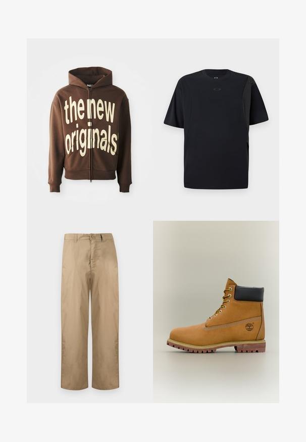 Sudadera con cremallera marrón con un gran texto gráfico crema que dice "los nuevos originales" en el frontal, con capucha ajustable y bolsillos laterales.; Camiseta negra de manga corta hecha de tela suave, con un diseño asimétrico y un pequeño logo en el pecho.; Pantalones beige de corte recto con trabillas para cinturón, cierre de botón y bragueta con cremallera, mostrados sobre un fondo claro y liso.; Bota de tobillo de cuero marrón con cuello negro, cordones amarillos y suela beige. Presenta un logotipo y detalles de costura blanca. Suela exterior con tracción robusta.