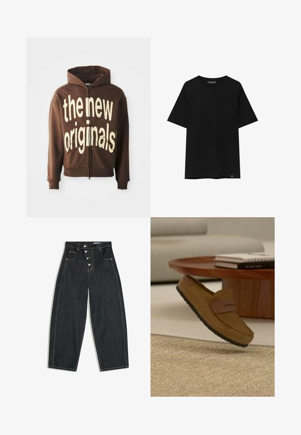 Braune Zip-Hoodie mit einem großen cremefarbenen Schriftzug "the new originals" auf der Vorderseite, ausgestattet mit einer Kordelzugkapuze und seitlichen Taschen.; Schwarzes T-Shirt mit kurzen Ärmeln aus Baumwolle, mit Rundhalsausschnitt und einem kleinen Markenetikett auf der linken unteren Seite.; Schwarz-farbene Denim-Jeans mit hoher Taille und weitem Bein, vier vorderen Knöpfen, Vordertaschen mit Nieten und kontrastierender Naht.; Brauner Wildlederloafer mit schwarzer Sohle, der über einem beigen gewebten Teppich schwebt, runder Holztisch mit gestapelten Büchern und hellgraues Sofa im Hintergrund.