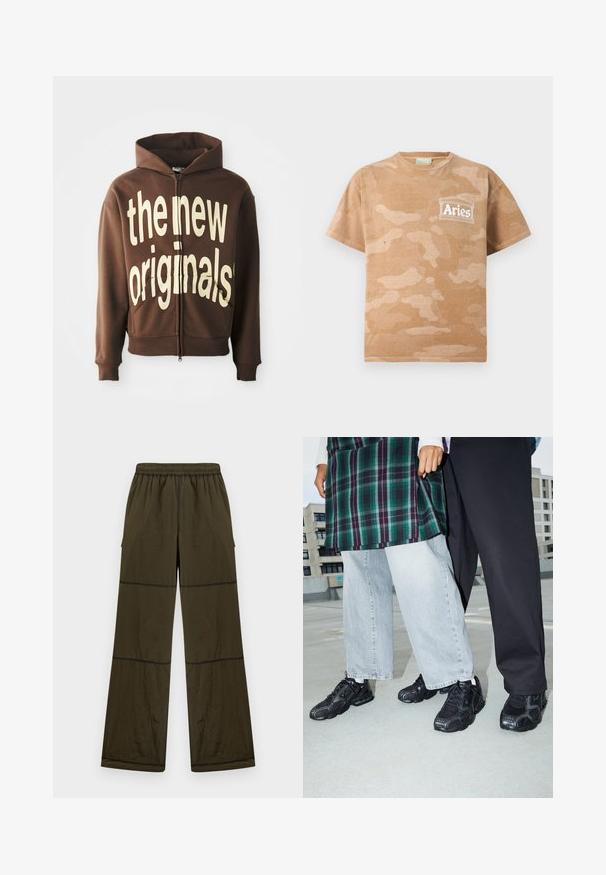 Hnedá mikina na zips s veľkým krémovým textom "the new originals" na prednej strane, so šnúrkou na kapucňu a bočnými vreckami.; Béžové a svetlohnedé maskáčové tričko s krátkym rukávom s bielym logom „Aries“ a dizajnom stĺpa na ľavej strane hrudníka.; Voľné tmavozelené nohavice s elastickým pásom, viditeľnými švami a bočnými vreckami, zobrazené na jednoduchom svetlom pozadí.; Čierne športové topánky s sieťovinou a gumovými akcentmi. Nosené s svetlošedými širokými džínsami a kockovaným zeleným topom. Pozadie s plochým povrchom.