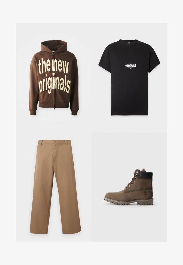Brun zip-hoodie med stor cremefarvet grafisk tekst "the new originals" på fronten, med en hætte med snore og sidelommer.; Sort T-shirt med korte ærmer med hvidt "The North Face" logo og "Never Stop Exploring" tekst centreret på brystet.; Beige bukser med vide ben, bæltestropper, forreste knap og lynlås, vist mod en ensartet lys baggrund.; Brune læder ankelstøvle med sort krave, metaløjer og slidstærk grå sål. Har logo på siden og syet detaljer.