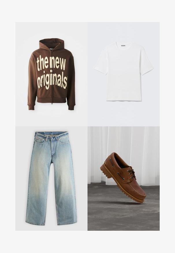 Brun zip-hoodie med stor cremefarvet grafisk tekst "the new originals" på fronten, med en hætte med snore og sidelommer.; Hvid, kortærmet t-shirt med rund hals og et lille "WEEKDAY"-mærke på indersiden af bagkraven, vist på en flad overflade.; Lyseblå, vidbenede cowboybukser med en falmet finish. Har et standard fem-lomme-design og lukning med metal knap.; Brun læder bådsko med sorte snørebånd, beige syninger og en robust sål, hængende over en grå betongulv.