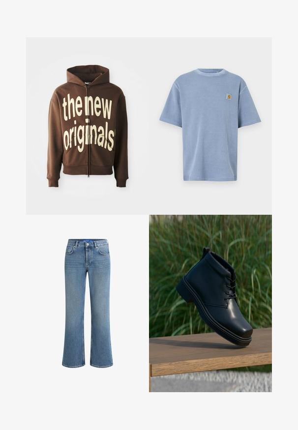 Sudadera con cremallera marrón con un gran texto gráfico crema que dice "los nuevos originales" en el frontal, con capucha ajustable y bolsillos laterales.; Camiseta de manga corta color azul claro con un patrón acanalado texturizado y parche de logo bordado en el pecho izquierdo. Cuello redondo.; Vaqueros de mezclilla de un azul claro, con un corte acampanado y una altura de cintura media, diseño de cinco bolsillos, y una superficie sutilmente texturizada, con un cierre estándar de botón.; Botín de cuero negro con un acabado suave, punta redonda y tacón marrón en contraste. Los cordones y los detalles de costura son visibles.