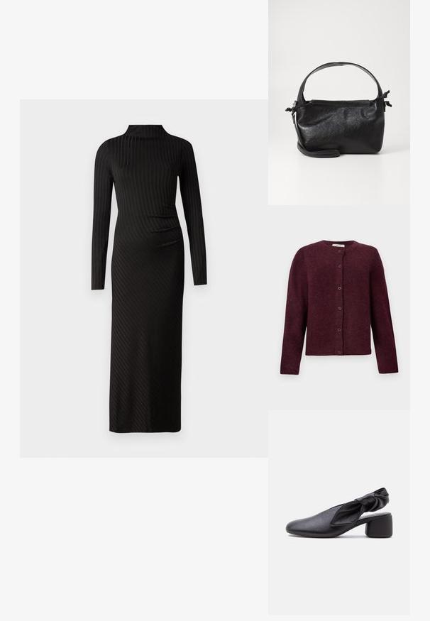 Bordový cardigan vyrobený z jemnej látky, s dlhým rukávom, okrúhlym výstrihom a šiestimi gombíkmi na zapínanie vpredu.; Good American VICTORIAN FUNNEL NECK MIDI DRESS - Svetríkové šaty - black; Čierna kožená sandálová obuv typu slingback s zaoblenou špičkou, detailom viazaného remienka a nízkym blokovým podpätkom na bielom pozadí.; Čierna kožená kabelka so štruktúrovaným dizajnom, okrúhlym horným uchom a odnímateľným ramenným popruhom. Má hladkú textúru a jemný lesk.