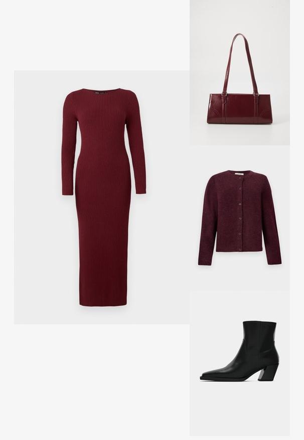 Bordeaux cardigan gemaakt van zachte stof, met lange mouwen, een ronde halslijn en zes knoopsluitingen aan de voorkant.; Bordeaux ribbelgebreide maxi-jurk met lange mouwen en een bootnek, met een aansluitende pasvorm en subtiele textuur overal.; Zwarte leren enkelboot met een spitse neus, een slanke silhoeet en een chunky vierkante hak. Gladde textuur met minimale stikdetails.; Bourgondische handtas van glanzend materiaal, rechthoekige vorm, met twee schouderbanden en subtiele gebogen accenten aan de voorkant.