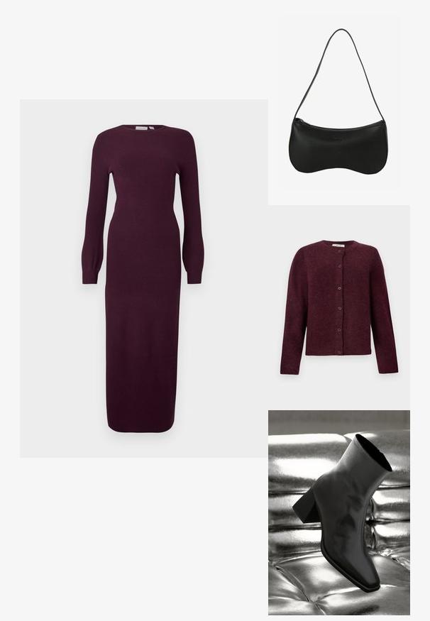 Bordeauxfarbener Cardigan aus weichem Material, mit langen Ärmeln, runder Ausschnitt und sechs Druckknöpfen auf der Vorderseite.; Burgunderfarbenes Strickkleid mit langen Ärmeln, einer taillierten Silhouette, rundem Halsausschnitt und geripptem Muster; knielang mit leicht ausgestellt geschnittenen Ärmeln.; Schwarzer Knöchelstiefel aus glänzendem Material mit quadratischer Zehenform und verjüngtem Absatz, vor einem glänzenden silbernen gepolsterten Hintergrund.; Schwarze Leder-Schultertasche mit geschwungener Form, Reißverschluss und einem einzigen dünnen Riemen; glatte Textur und dezentes, eingeprägtes Logo-Detail.