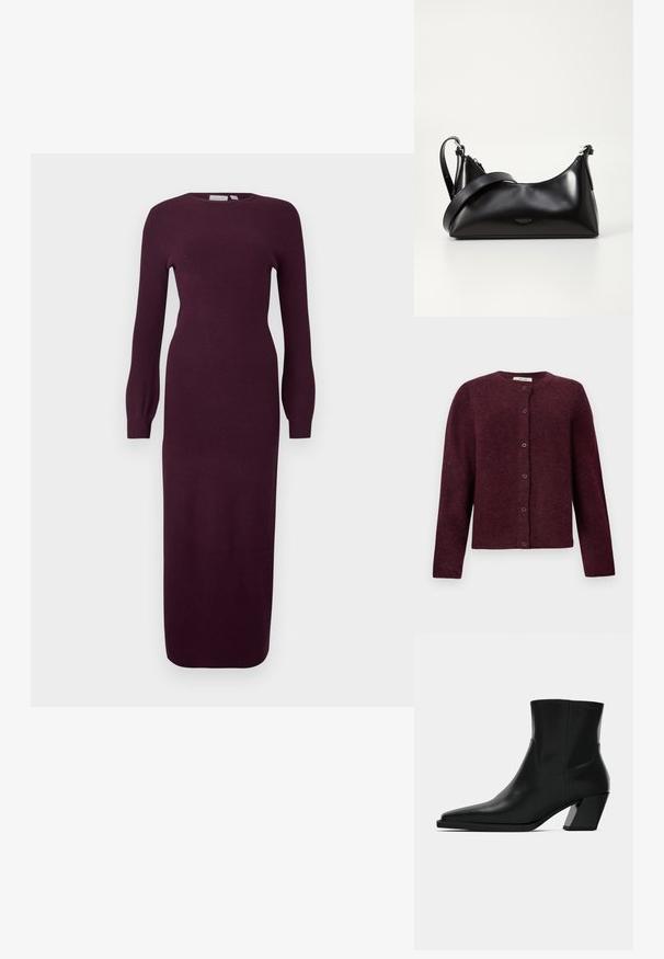 Bordeaux cardigan gemaakt van zachte stof, met lange mouwen, een ronde halslijn en zes knoopsluitingen aan de voorkant.; Bordeaux lange mouwen gebreide jurk met een aansluitende silhouet, ronde halslijn en ribbelstructuur; knielang met licht uitlopende mouwen.; Zwarte leren enkelboot met een spitse neus, een slanke silhoeet en een chunky vierkante hak. Gladde textuur met minimale stikdetails.; Zwarte leren handtas met een gladde textuur. Beschikt over een verstelbare schouderband en een strak, minimalistisch ontwerp met een ritssluiting.