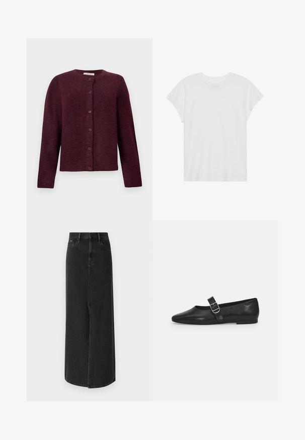 Bordeaux cardigan gemaakt van zachte stof, met lange mouwen, een ronde halslijn en zes knoopsluitingen aan de voorkant.; Witte t-shirt met korte mouwen, ronde hals, relaxte pasvorm, gemaakt van zacht katoen. Glad textuur, geen patronen of logo's.; Zwarte denim maxi rok met een rechte snit, vijf zakken en een split aan de voorkant. Voorzien van een knoopsluiting en subtiele stikdetails.; Zwarte leren platte schoen met een ronde neus, een enkele verstelbare gespsluiting en een gladde, glanzende textuur. Minimalistisch ontwerp met een lage hak.