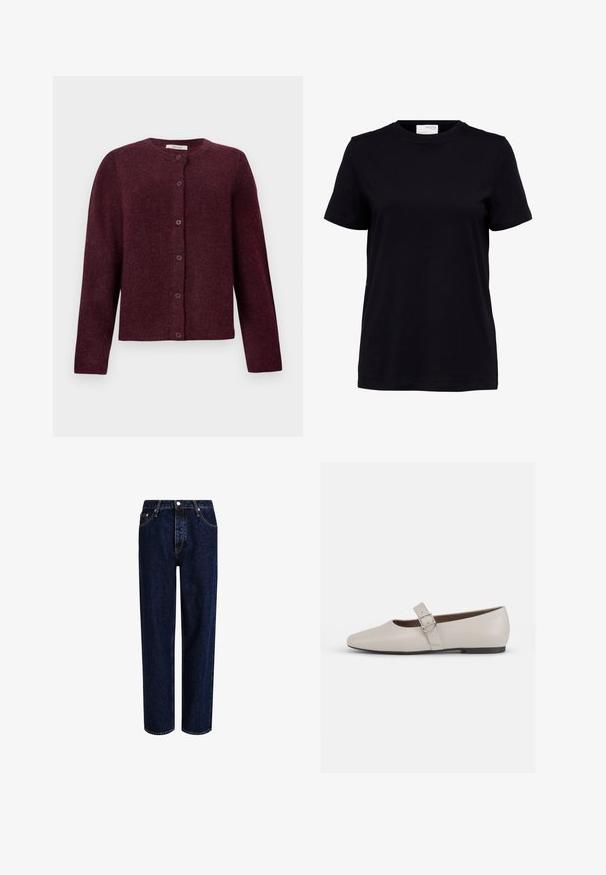 Mørkerød cardigan lavet af blødt stof, med lange ærmer, rund halsudskæring og seks knaplukninger foran.; Sort kortærmet t-shirt med rund halsudskæring, lige kant og en hvid label på bagsiden indeni kraven.; Mørkeblå denim jeans med lige ben-design, der har høj talje, fem-lomme-stil og kontrastsyninger. Ingen dekorationer.; Beige læder Mary Jane flad sko med spids tå, ankelrem og en sølvspænde detalje, der har en lav sort hæl.