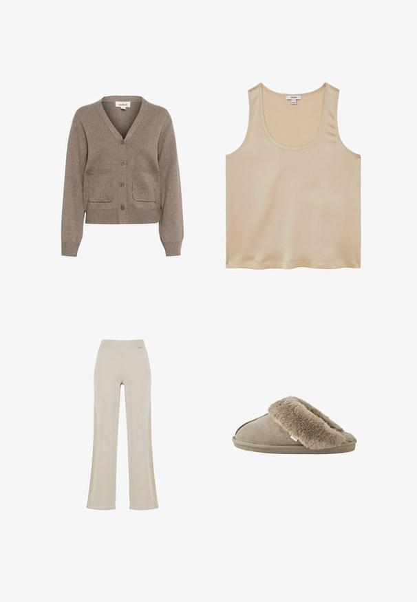 Brun cardigan lavet af blødt stof med V-hals, knaplukning, to forlommer samt ribbet manchetter og kant.; Reiss REGULAR FIT - Bluse - neutral; Beige vide bukser med en glat ribbet tekstur, elastisk talje og ingen synlige dekorationer, hvilket giver en afslappet silhuet.; Beige slip-on tøfler med blød, plyssede pelsforing omkring åbningen og en ydersål med ruskindslignende overflade.